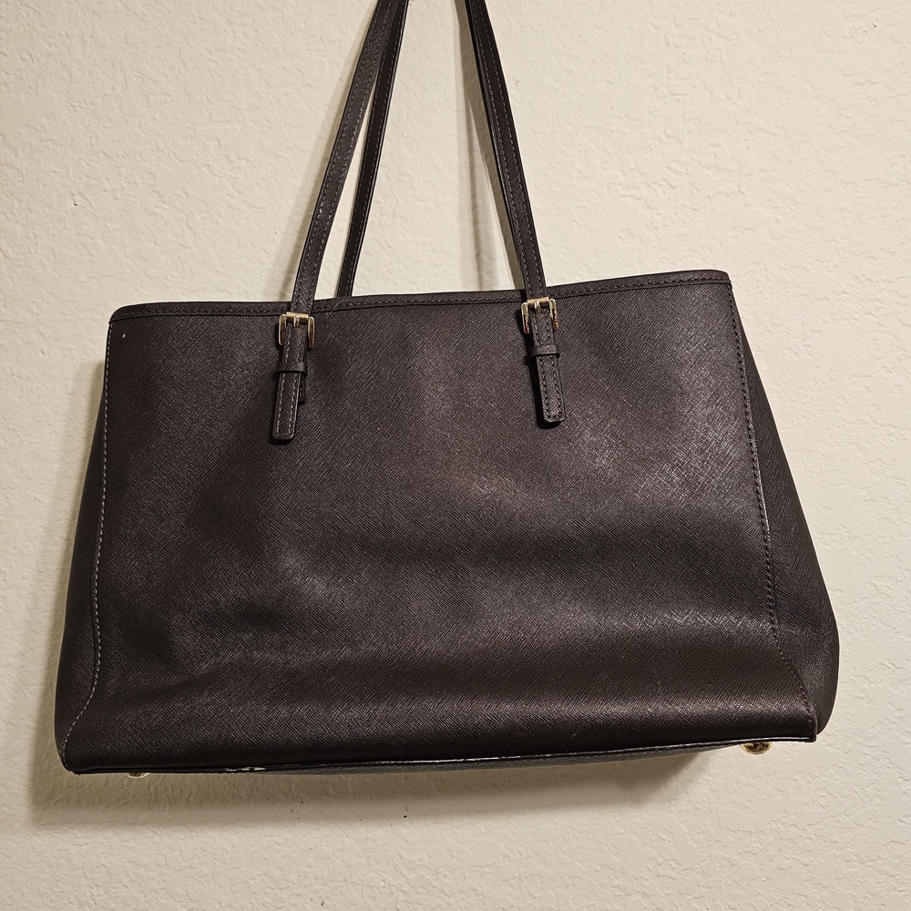 Michael Kors Dark Brown Saffiano Leather Tote with Gold Logo Charm - Picture 3 of 9